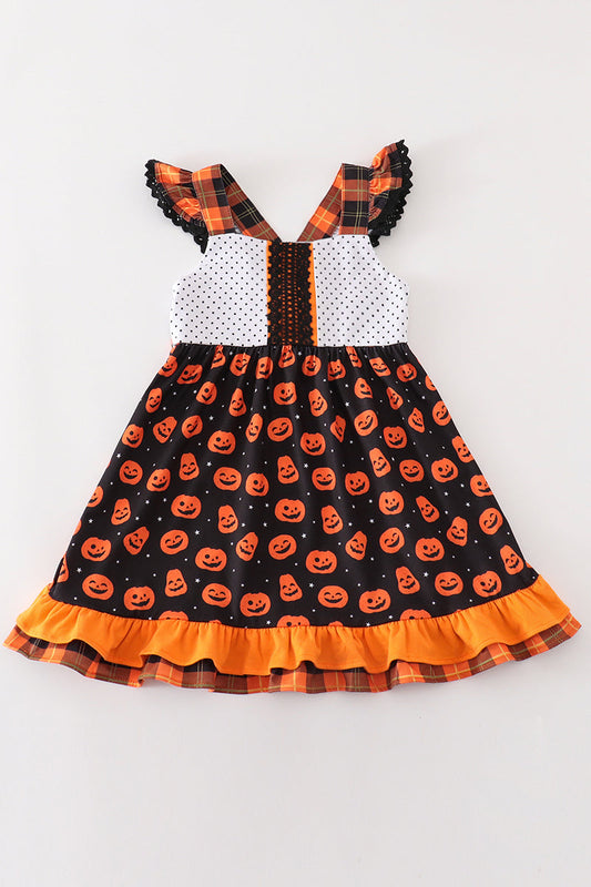 Pumpkin Patchwork Halloween Dress for Girls – Ruffle Trim & Plaid Straps