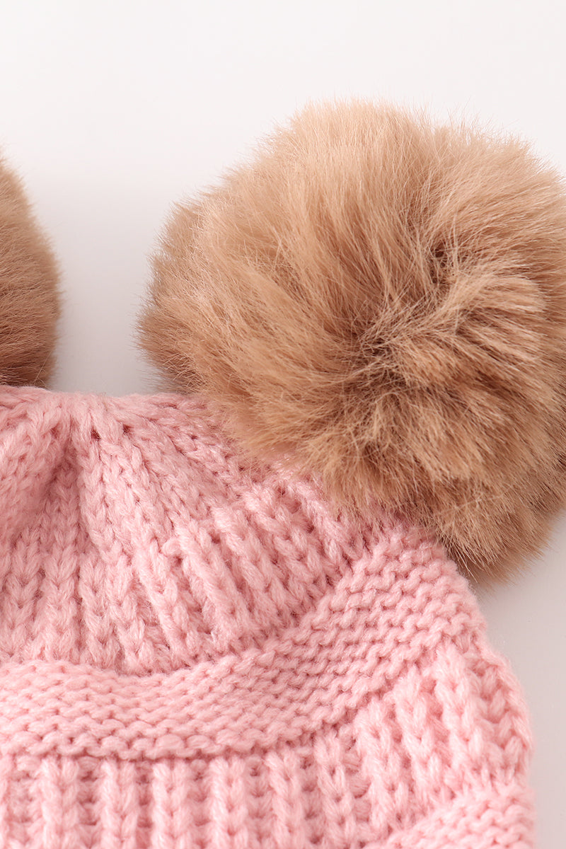 Pink Knit Beanie with Double Pom-Poms – Cozy and Adorable Winter Hat
