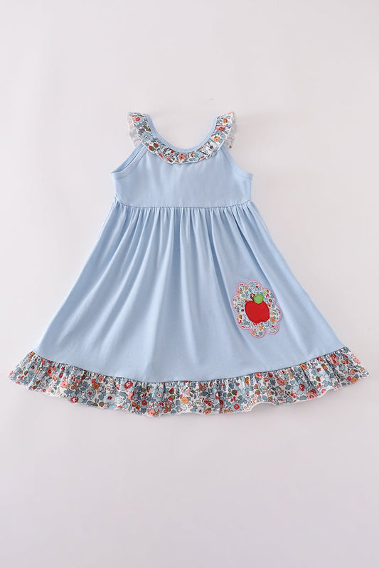 Blue Apple Patch Girl’s Dress with Floral Ruffles – Back - to - School or Everyday Outfit - Blue Marc