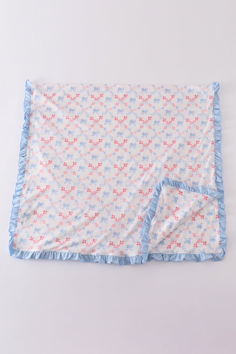 Blue Ruffle Luxe Baby Blanket – Bow Print Snuggle Essential - Blue Marc
