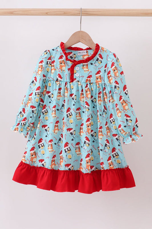 Bluey Christmas Twirl Dress – Festive Girls Holiday Gown with Red Ruffle Trim - Blue Marc