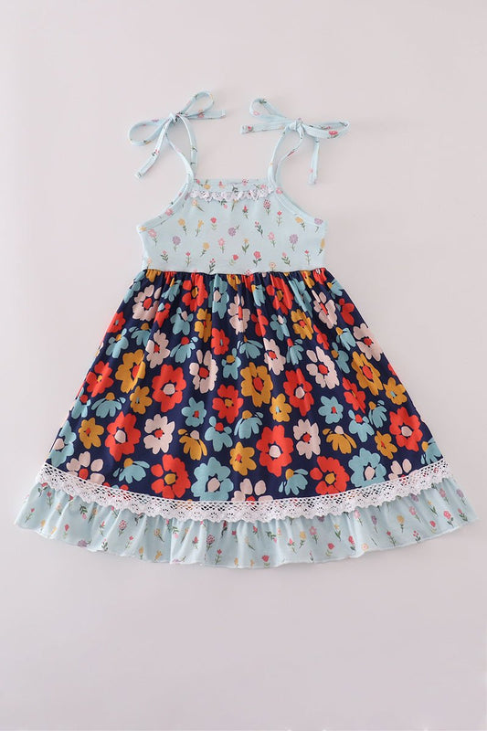 🌼 Bright Blooms Girls Dress – Tie - Shoulder Floral Sundress with Ruffle Hem - Blue Marc