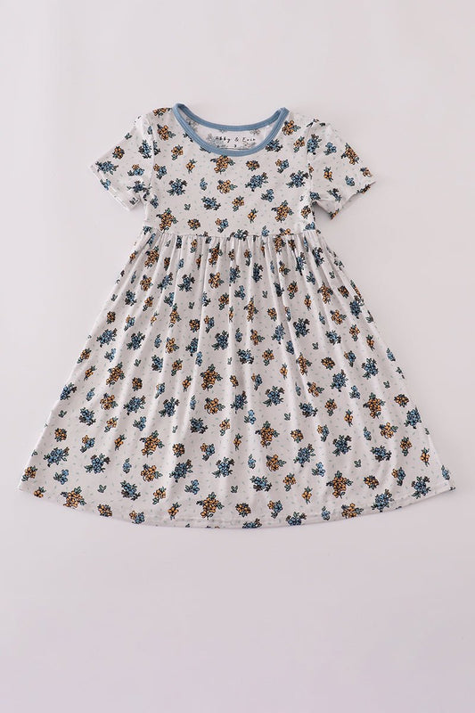 Fall Floral Twirl Dress – Short Sleeve Girls Dress - Blue Marc