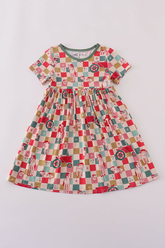 Festive Holiday Checkered Dress for Girls – Short Sleeve Twirl Style - Blue Marc