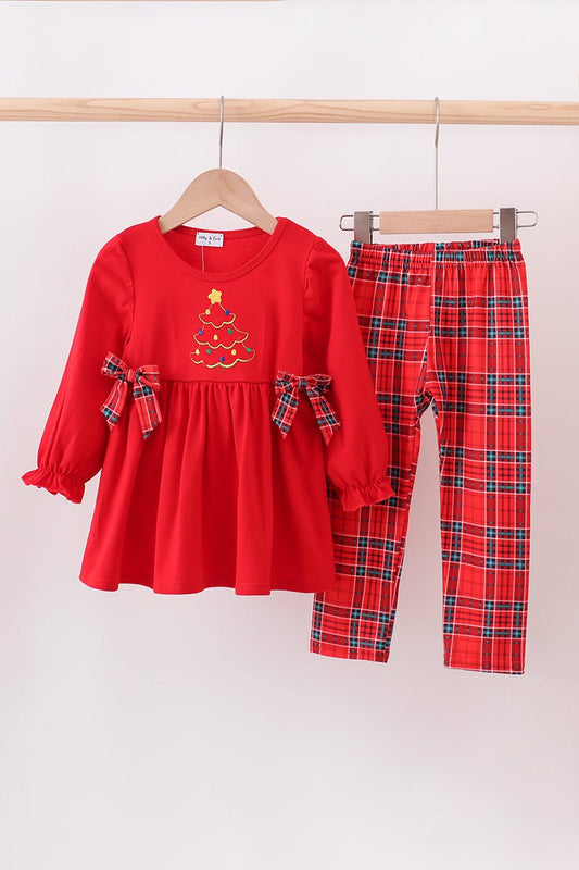 Festive Red Plaid Christmas Tree Tunic & Legging Set – Girls 2 - Piece - Blue Marc