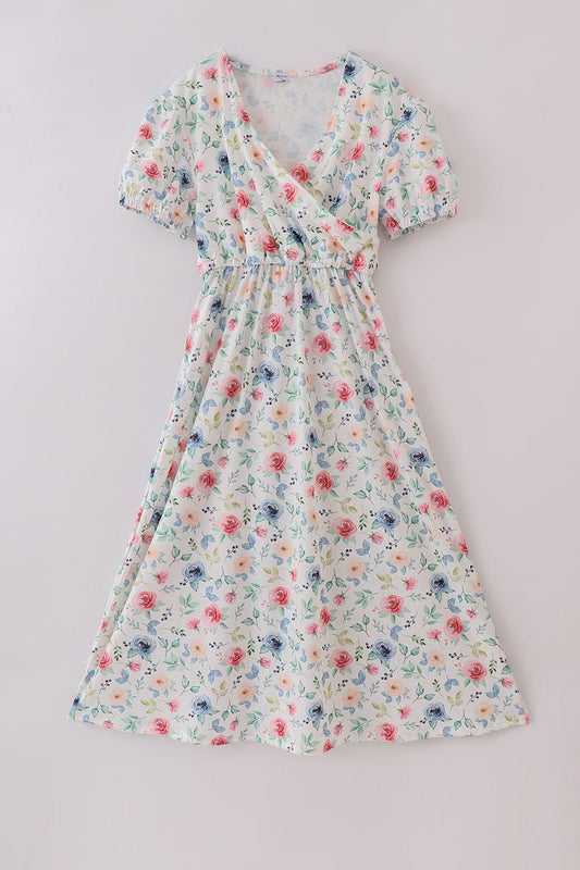 Flora Harmony Mommy Dress – Elegant Floral Wrap Dress for Moms - Blue Marc