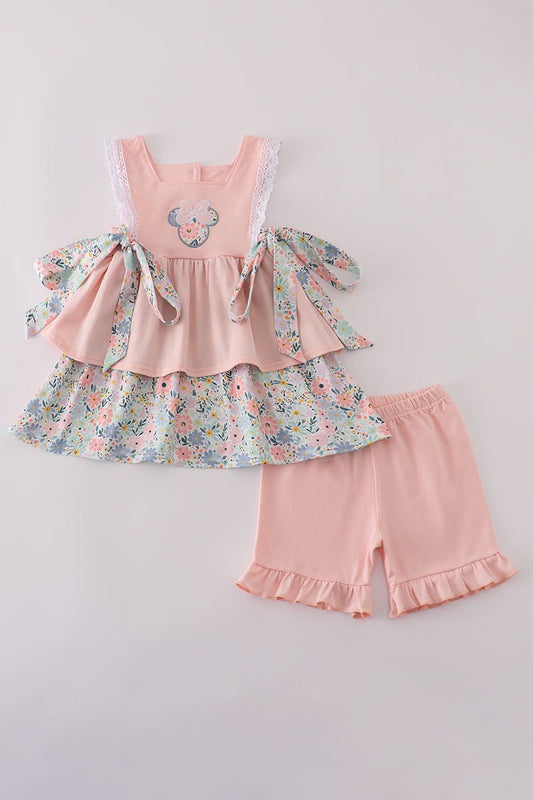 Garden Mouse Top & Peach Ruffle Shorts – Girls 2 - Piece Outfit - Blue Marc