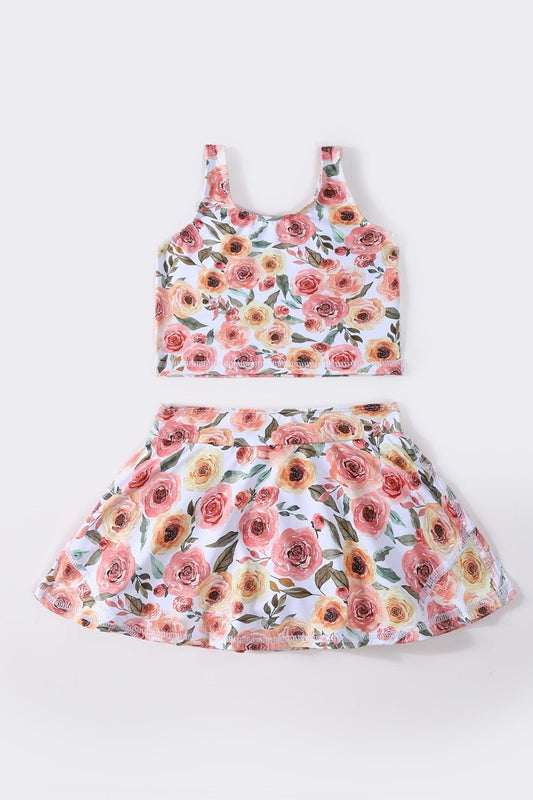 🌸 Girls 2 - Piece Floral Swimsuit Set – Tank Top & Skirted Bottom - Blue Marc