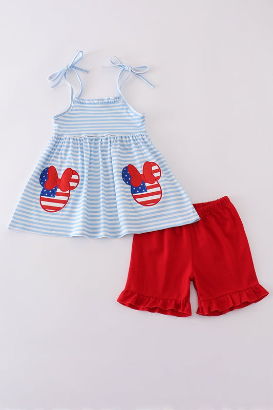 🇺🇸 Girls 2 - Piece Patriotic Mouse Set – Red, White & Blue Striped Top with Matching Ruffle Shorts - Blue Marc