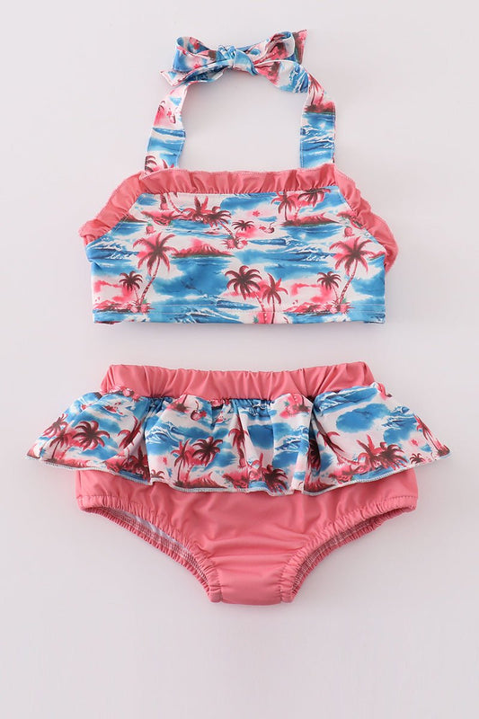 Girls 2 - Piece Tropical Swimsuit with Skirted Bottom – Palm Tree Print Bikini for Toddlers & Kids - Blue Marc