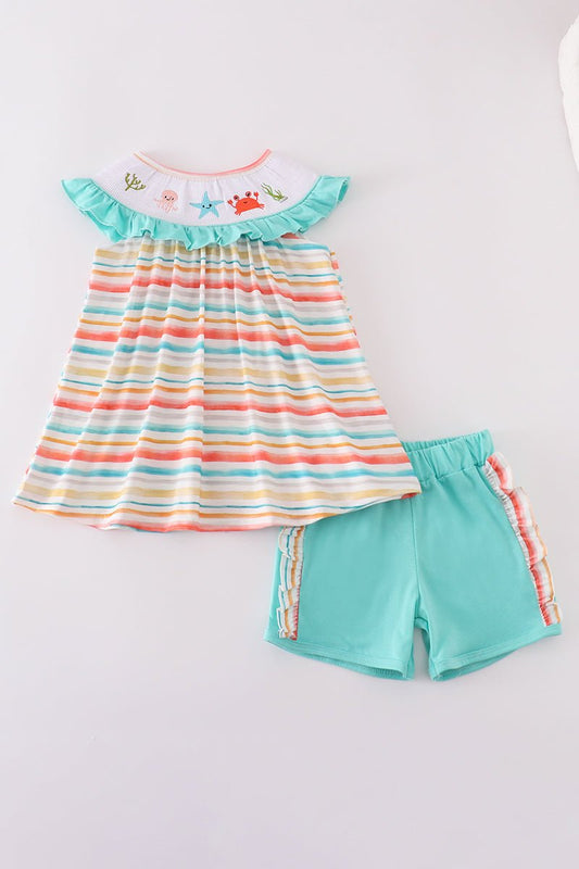 Girls’ Beach Days 2 - Piece Set – Embroidered Sea Life Top & Aqua Stripe Shorts - Blue Marc