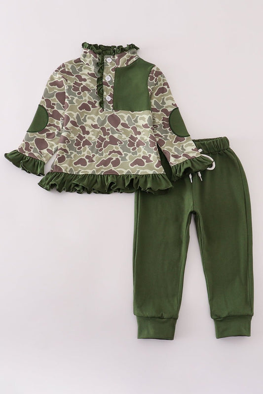 Girls Camo Ruffle Hoodie Set – Hunting Dog Fall Outfit - Blue Marc