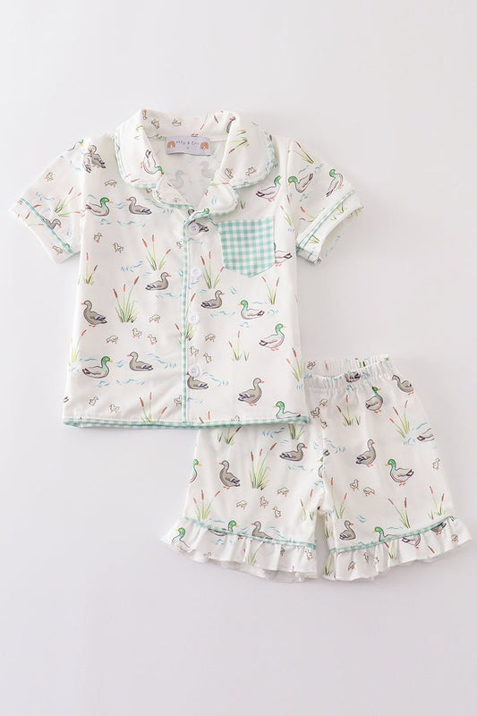 🦆 Girls’ Duck Print Pajama Set – Short Sleeve Button Top with Ruffle Shorts - Blue Marc