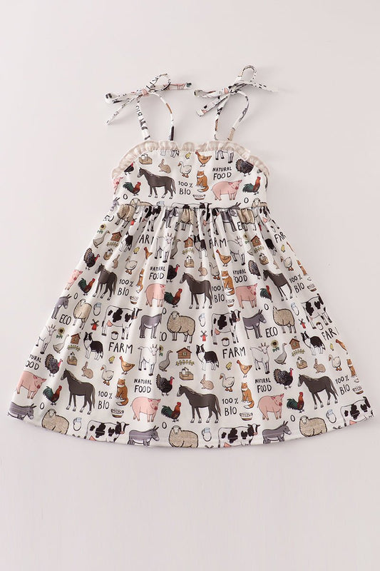 Girls Farm Animal Print Sundress – Toddler & Baby Summer Dress with Adjustable Straps - Blue Marc