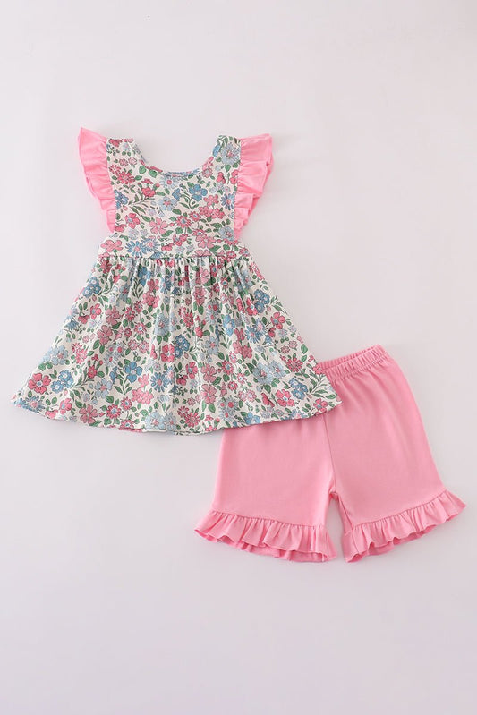 🌸 Girls' Floral Ruffle Sleeve Top & Pink Shorts Set – Summer Boutique Outfit - Blue Marc