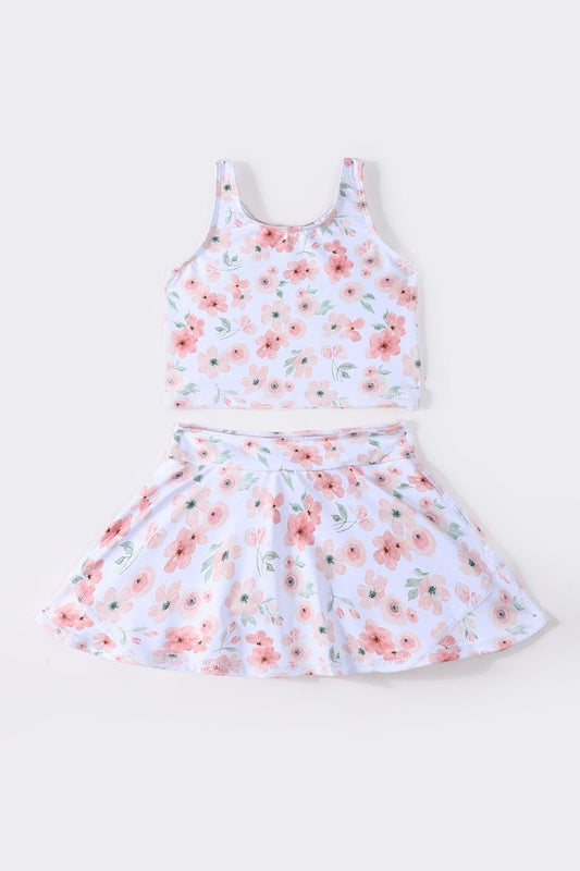 🌟 Girls’ Floral Two - Piece Swimsuit or Activewear Set – Crop Top and Skirt with Shorts - Blue Marc