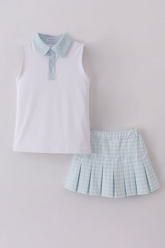 Girls' Light Blue Gingham Skirt & Sleeveless Polo Set – Preppy Summer Tennis Outfit - Blue Marc
