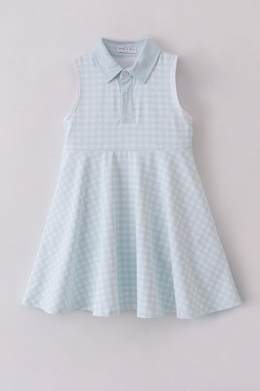 Girls' Pastel Blue Gingham Polo Dress with Matching Shorts – Sleeveless Tennis - Inspired Summer Outfit - Blue Marc