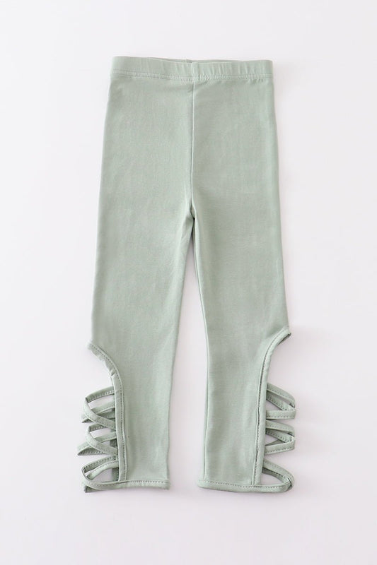 Girls’ Sage Green Lattice Leggings – Soft Stretch Leggings with Stylish Side Cutouts - Blue Marc