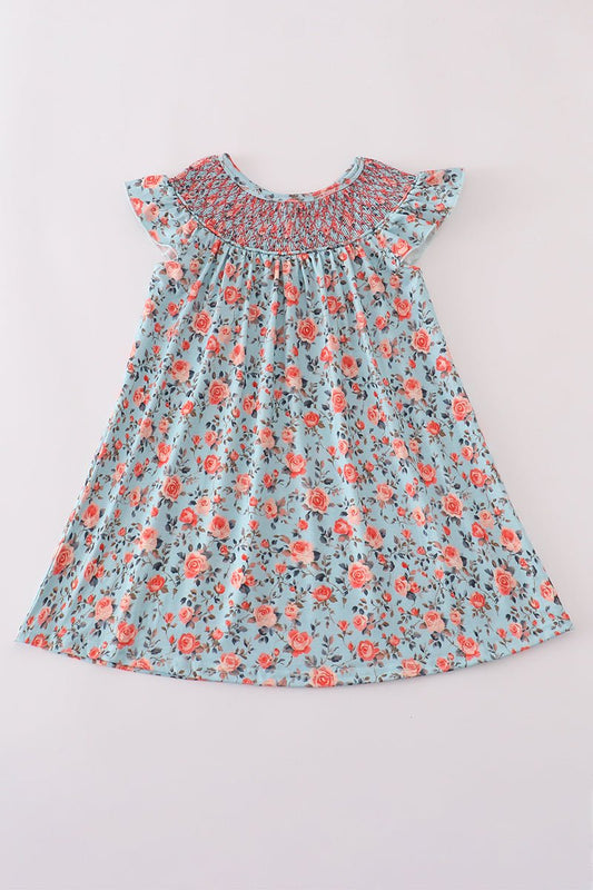Girls Smocked Floral Dress – Blue with Pink Peach Roses | Soft Cotton Summer Outfit - Blue Marc