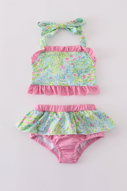 π΄ Girlsβ Tropical Halter Swimsuit with Pink Ruffle Skirt β Island Vibes Edition - Blue Marc