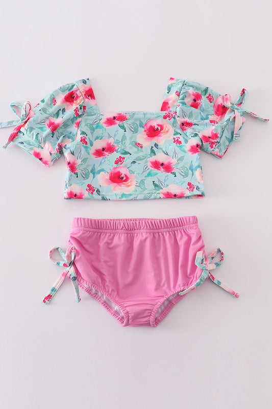 Girls’ Two - Piece Floral Swimsuit with Ruffle Sleeves – Matching Mommy & Me Swimwear - Blue Marc