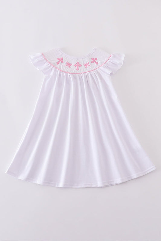 πΈ Girls White Sunday Best Dress with Pink Cross Embroidery β Faith - Inspired Flutter Sleeve Dress - Blue Marc