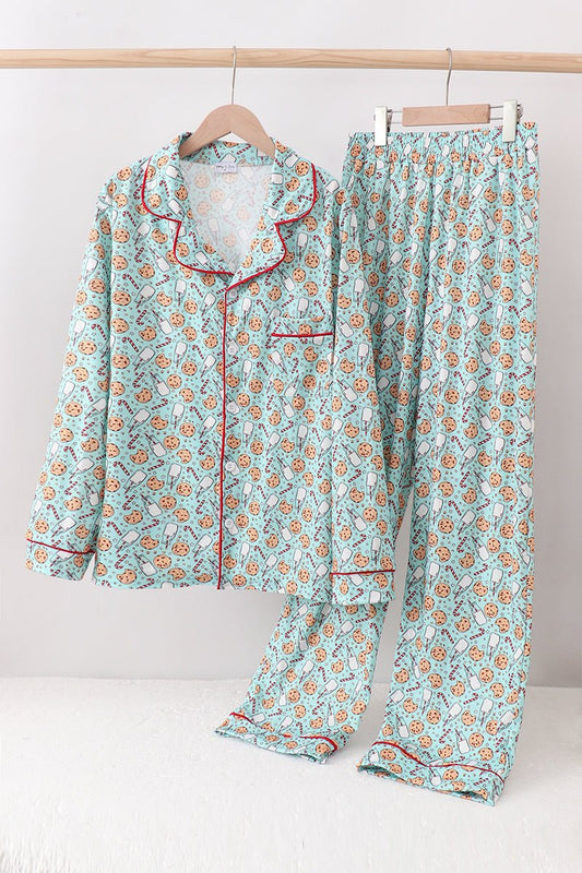 Holiday Pajama Set for Women β Cookies, Candy Cane & Milk Print - Blue Marc