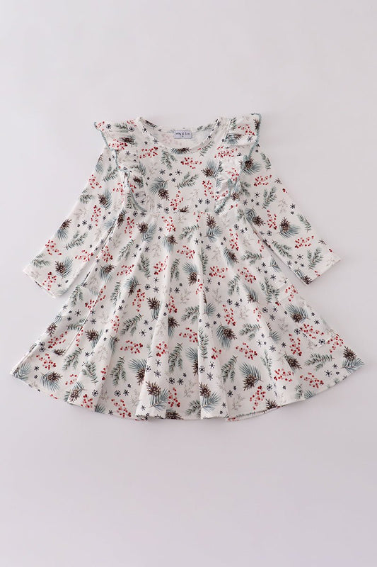 Holly Berry Long Sleeve Ruffle Holiday Dress – Girls - Blue Marc