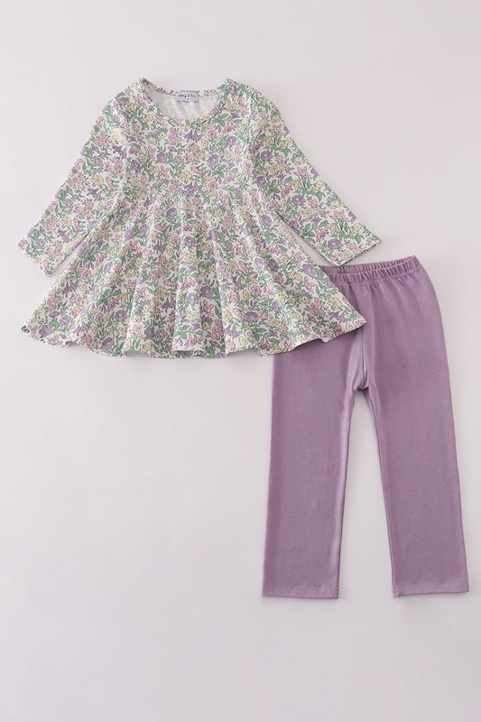 Lavender Floral Peplum Top & Leggings Set – Girls Fall Outfit - Blue Marc