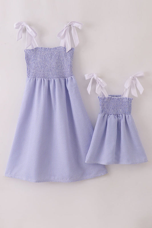 Mommy & Me Lavender Blue Smocked Dresses – Matching Bow Strap Sundresses for Women & Girls - Blue Marc