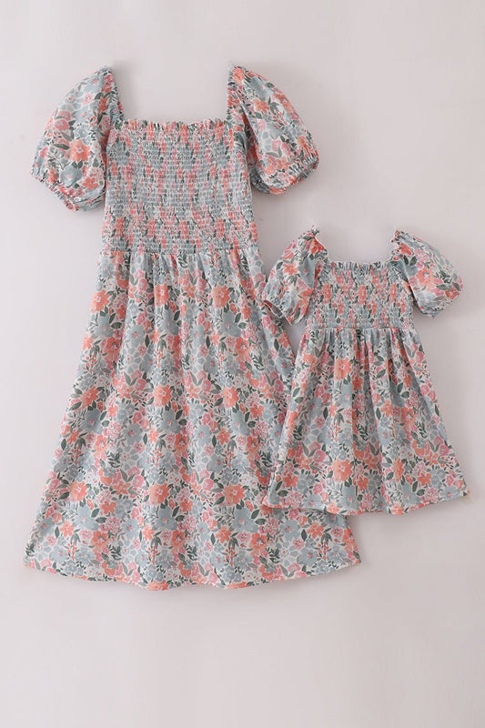 Mommy & Me Rose Garden Smocked Dresses – Matching Puff Sleeve Floral Outfits - Blue Marc
