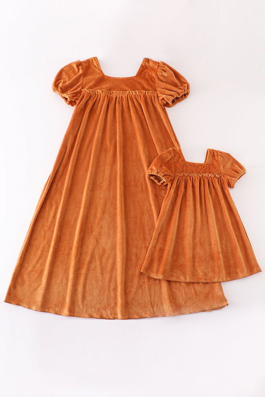 🧡 Mommy & Me Rust Velvet Puff Sleeve Dress Set – Matching Fall Dresses for Mom and Daughter - Blue Marc