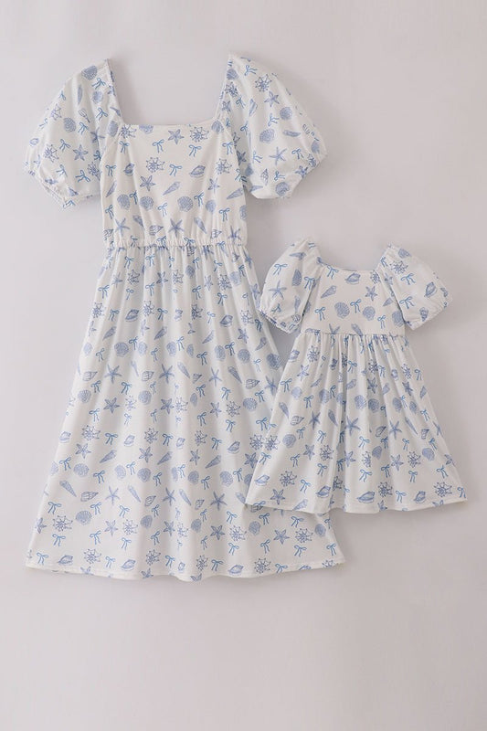 Mommy & Me Seashell Dresses – Coastal Puff Sleeve Matching Outfits with Square Neckline - Blue Marc
