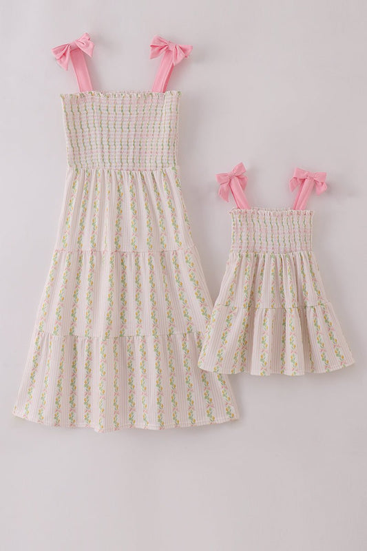 Mommy & Me Smocked Lemon Dresses – Matching Tiered Dresses with Pink Bow Straps - Blue Marc