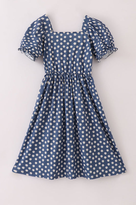 Navy Daisy Puff Sleeve Midi Dress – Stylish Floral Dress for Moms - Blue Marc