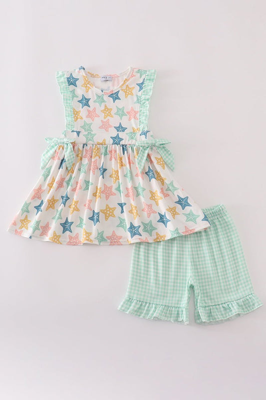 Pastel Star Girls Set – Ruffle Trim Top & Mint Waffle Shorts Outfit - Blue Marc