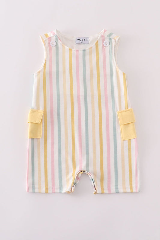 Pastel Stripes Baby Boy Romper – Sleeveless One - Piece with Yellow Pocket Detail - Blue Marc