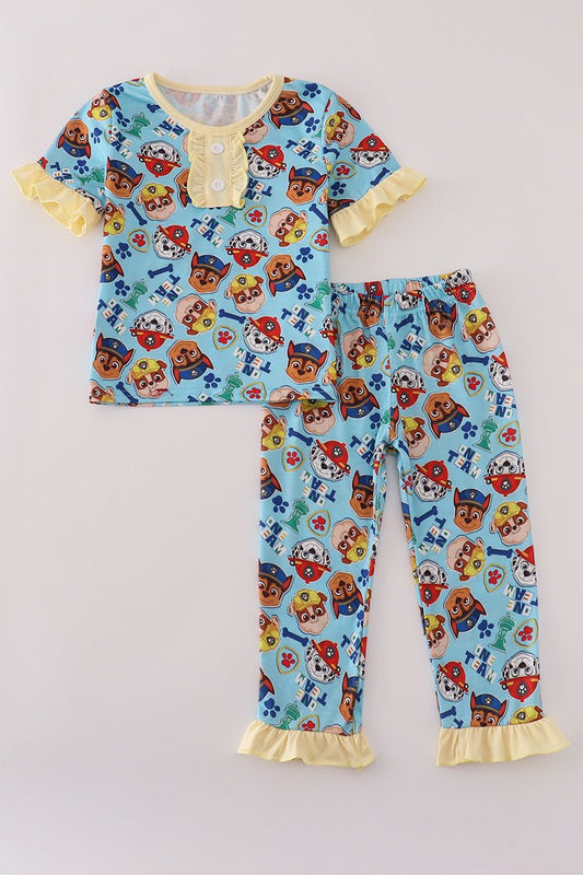 Paw - sitive Vibes Girls Ruffle Pajama Set – Blue Pup Print Sleepwear - Blue Marc