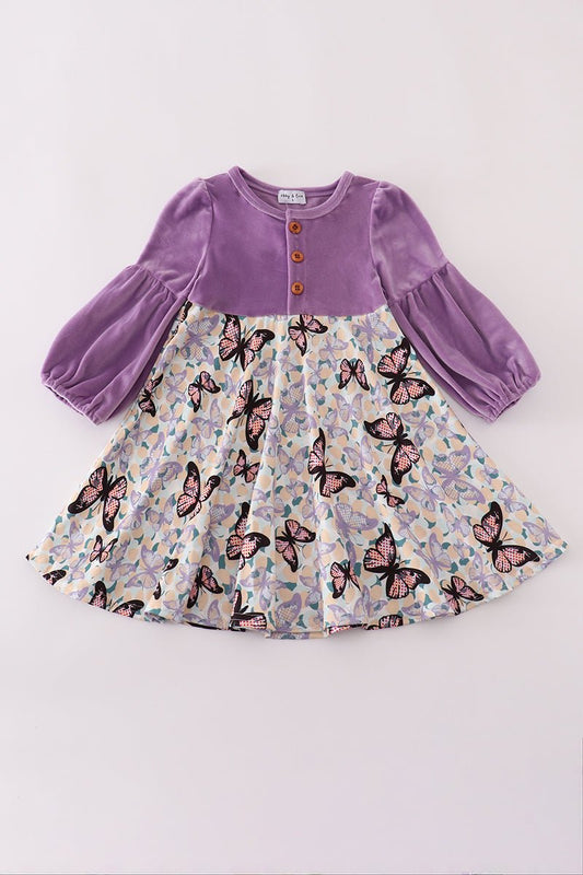 Purple Butterfly Long Sleeve Girls Dress | Blue Marc - Blue Marc