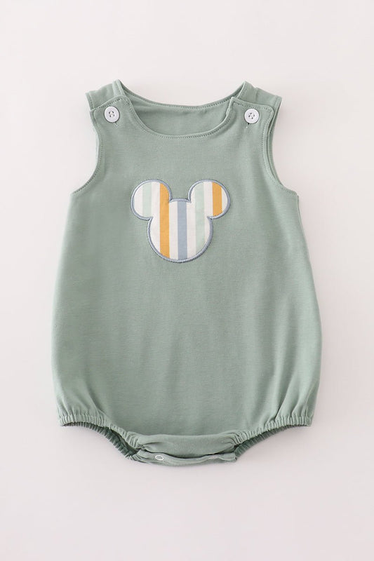 Sage Green Baby Jumpsuit with Striped Mouse Patch – Soft Cotton Summer Outfit for Baby Boys - Blue Marc