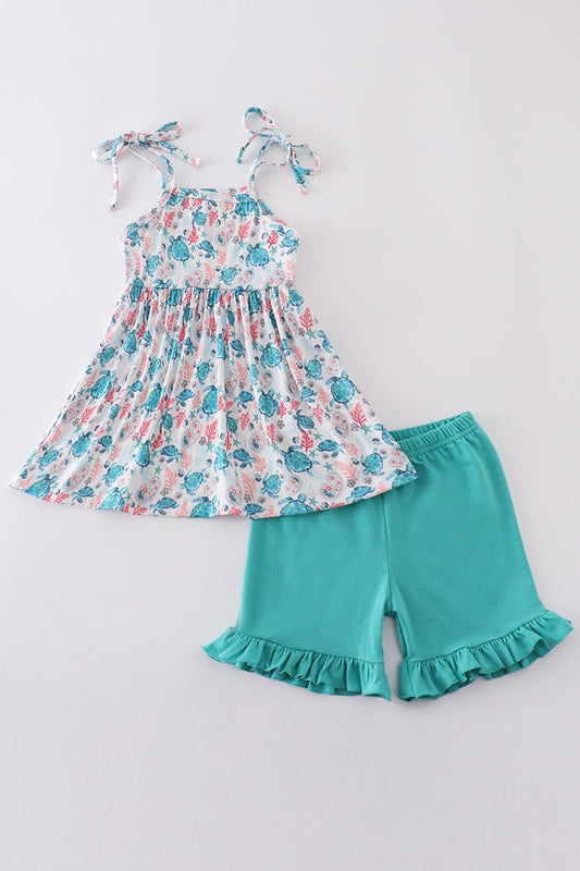 Sea Turtle Delight Girlsβ Ruffle Shorts Set β Ocean - Inspired Summer Outfit - Blue Marc