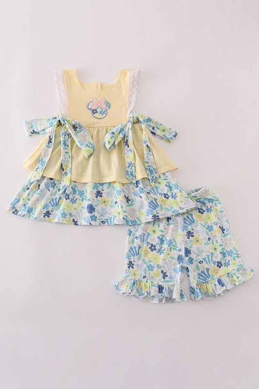 Sunshine & Bloom Mouse Set – Girls Mouse Appliqué Top with Floral Ruffle Shorts - Blue Marc