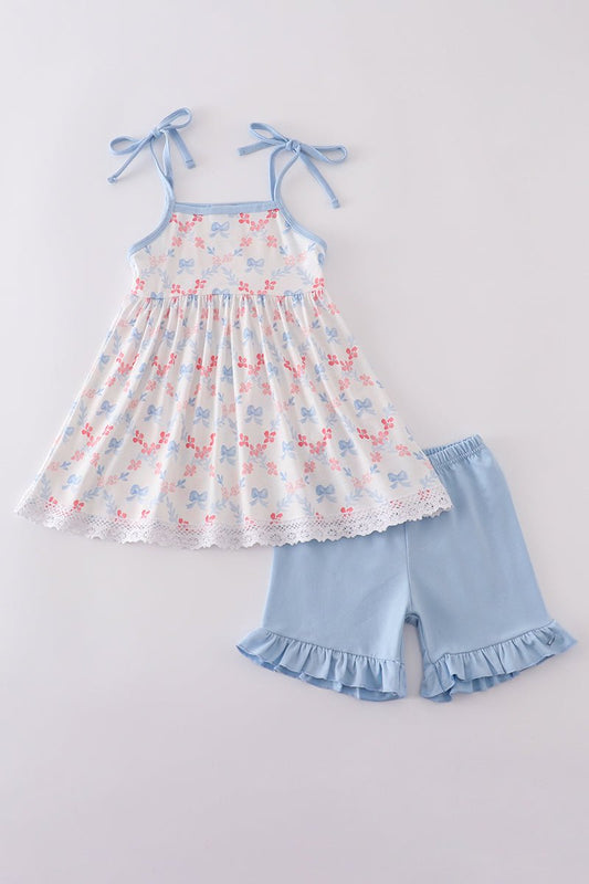 Sweet Bows & Blue Ruffle Shorts Set β Girlsβ Summer Essential - Blue Marc
