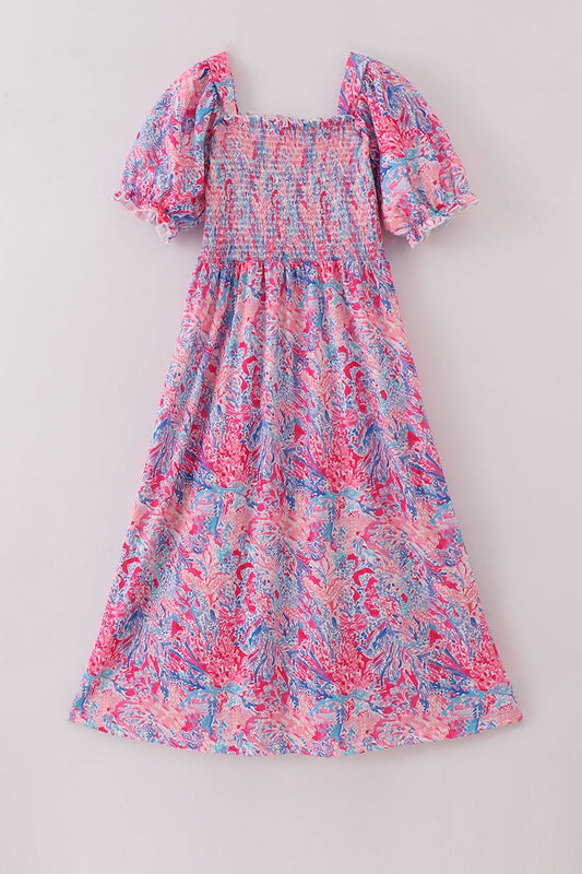 Tropical Bloom Smocked Maxi Dress for Moms – Puff Sleeve Square Neck Dress - Blue Marc