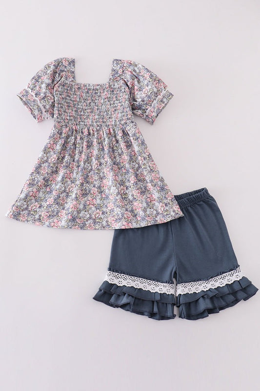 Vintage Charm Girls Set – Floral Smocked Top & Ruffle Lace Shorts - Blue Marc