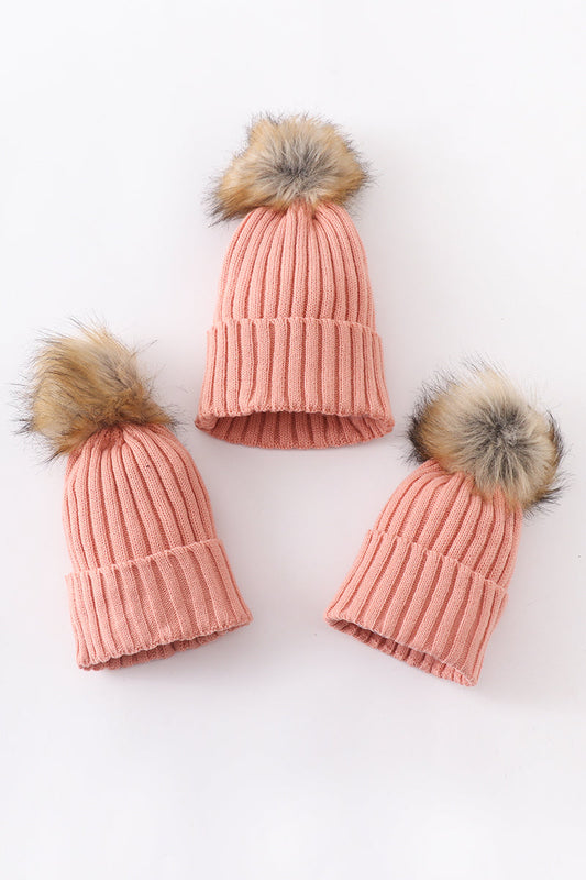 Pink Family Beanies with Faux Fur Pom – Baby, Kids, and Adult Sizes Available