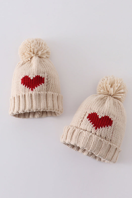 Heart Pom-Pom Beanies for Baby and Kids – Matching Winter Hat Set