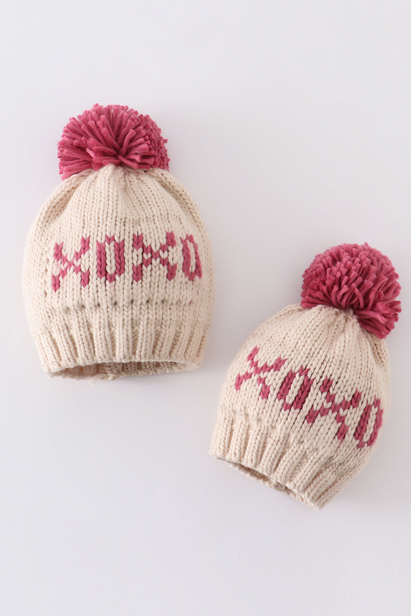 Matching XOXO Beanies for Baby and Kids – Warm Knit Hats with Pink Pom-Pom