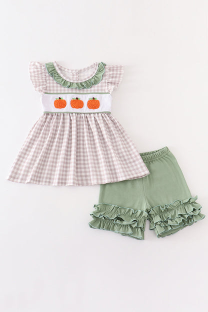 “Pumpkin Patch Charm” Plaid Top & Green Shorts Set for Girls